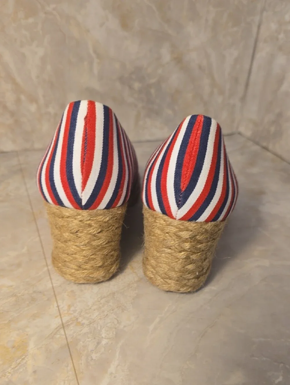 Adrienne Vittadini Red White Blue Striped Espadrille Wedge Sz 7